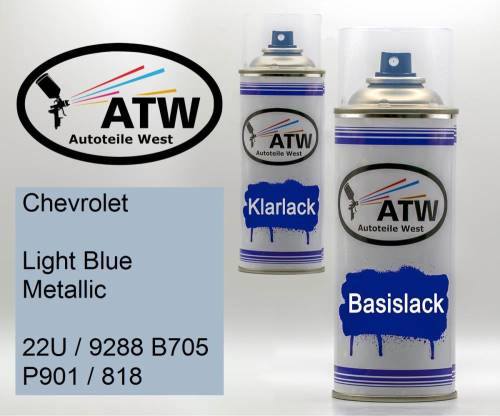 Chevrolet, Light Blue Metallic, 22U / 9288 B705 P901 / 818: 400ml Sprühdose + 400ml Klarlack - Set, von ATW Autoteile West.
